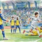 Peinture à l'aquarelle de Cristiano Ronaldo debout déçu sur le terrain de football de l'Al-Awwal Park, regardant un attaquant de Gamba Osaka marquer contre Al-Nassr. Des drapeaux du Japon et d'Arabie Saoudite dans les tribunes.