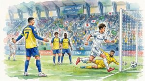 Peinture à l'aquarelle de Cristiano Ronaldo debout déçu sur le terrain de football de l'Al-Awwal Park, regardant un attaquant de Gamba Osaka marquer contre Al-Nassr. Des drapeaux du Japon et d'Arabie Saoudite dans les tribunes.