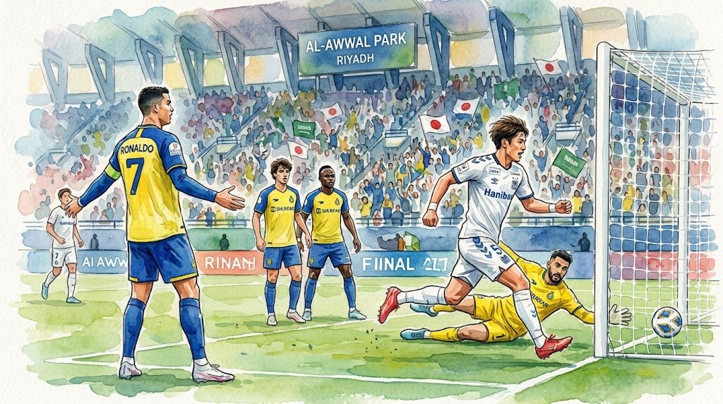 Peinture à l'aquarelle de Cristiano Ronaldo debout déçu sur le terrain de football de l'Al-Awwal Park, regardant un attaquant de Gamba Osaka marquer contre Al-Nassr. Des drapeaux du Japon et d'Arabie Saoudite dans les tribunes.