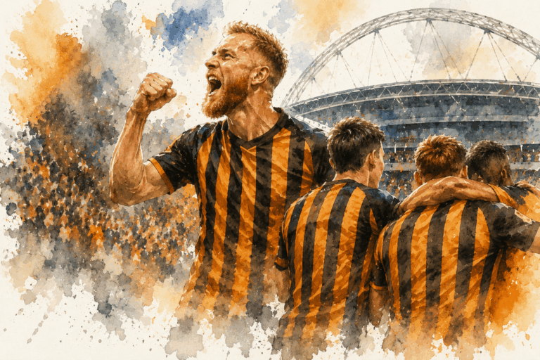 Joueurs de Hull City célébrant la montée en Premier League dans une illustration style aquarelle à Wembley