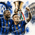 Illustration aquarelle des joueurs de l’Inter Milan célébrant la victoire en Coupe d’Italie 2026 contre la Lazio.