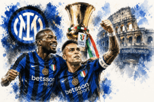 Illustration aquarelle des joueurs de l’Inter Milan célébrant la victoire en Coupe d’Italie 2026 contre la Lazio.