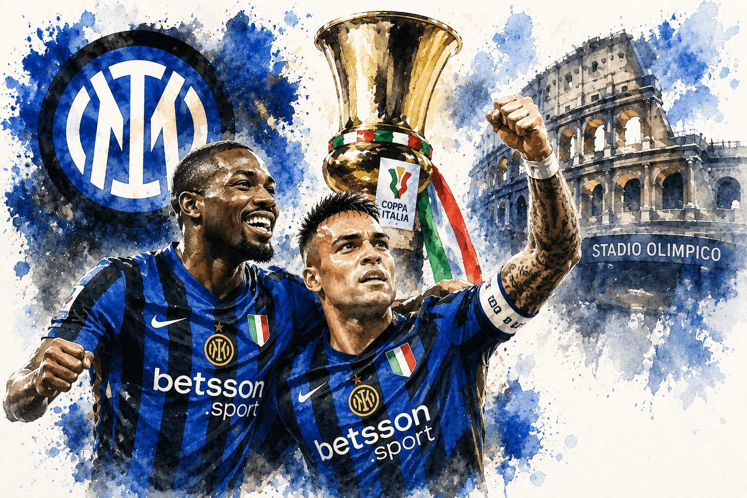 Illustration aquarelle des joueurs de l’Inter Milan célébrant la victoire en Coupe d’Italie 2026 contre la Lazio.
