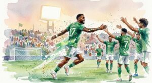 Illustration à l'aquarelle d'Ivan Toney célébrant son triplé avec ses coéquipiers d'Al-Ahli dans un stade de football.