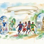 Illustration à l'aquarelle montrant des joueurs de football en action sous des arches, avec en arrière-plan des monuments européens emblématiques comme la Sagrada Família, Big Ben et le Colisée.
