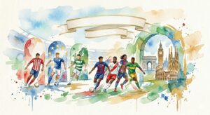 Illustration à l'aquarelle montrant des joueurs de football en action sous des arches, avec en arrière-plan des monuments européens emblématiques comme la Sagrada Família, Big Ben et le Colisée.