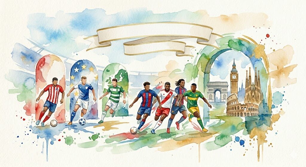 Illustration à l'aquarelle montrant des joueurs de football en action sous des arches, avec en arrière-plan des monuments européens emblématiques comme la Sagrada Família, Big Ben et le Colisée.