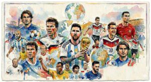 Une peinture à l'aquarelle de style mosaïque de légendes du football mondial, y compris Messi et Ronaldo, avec le Trophée de la Coupe du Monde au centre.