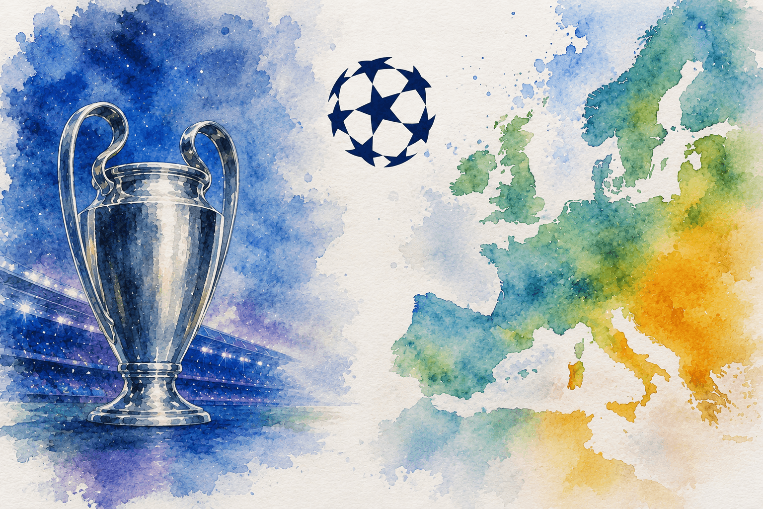 Trophée de la Ligue des champions en style aquarelle avec une carte de l’Europe en arrière-plan.