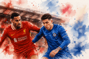 Illustration aquarelle d’un duel entre un joueur de Liverpool et un joueur de Chelsea lors d’un match de Premier League à Anfield.