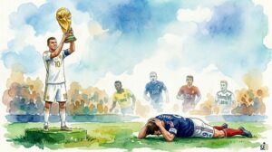 Illustration à l'aquarelle montrant la joie d'un joueur soulevant la Coupe du monde et la détresse de joueurs éliminés au premier tour.