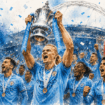 Joueurs de Manchester City célébrant la victoire en FA Cup 2026 avec le trophée dans un stade en style aquarelle.