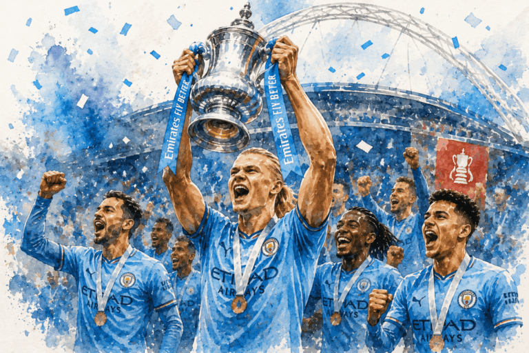 Joueurs de Manchester City célébrant la victoire en FA Cup 2026 avec le trophée dans un stade en style aquarelle.