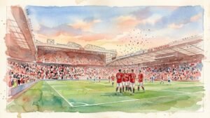 Illustration à l'aquarelle du stade d'Old Trafford montrant les joueurs de MU en maillot rouge célébrant un but sur le terrain.