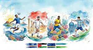Aquarelle artistique représentant des silhouettes de footballeurs en action autour d'un grand ballon de football abstrait et coloré, style peinture à l'eau.