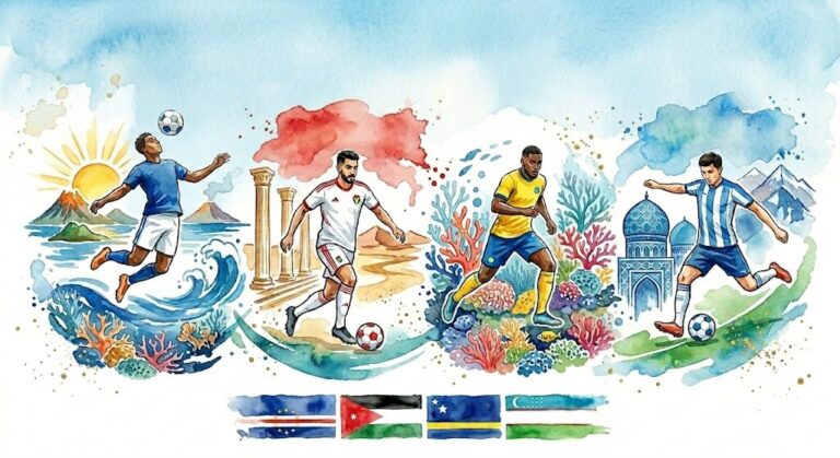 Aquarelle artistique représentant des silhouettes de footballeurs en action autour d'un grand ballon de football abstrait et coloré, style peinture à l'eau.