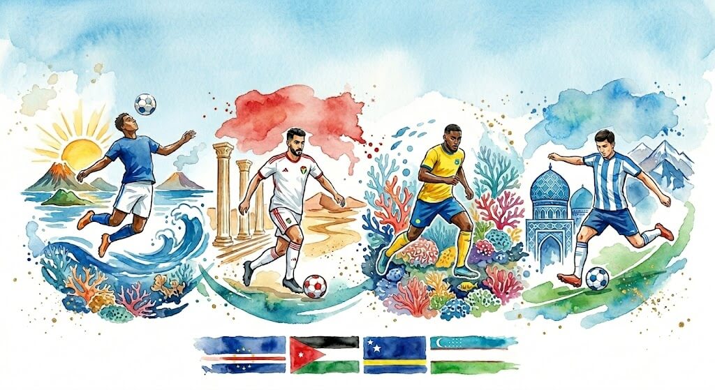 Aquarelle artistique représentant des silhouettes de footballeurs en action autour d'un grand ballon de football abstrait et coloré, style peinture à l'eau.