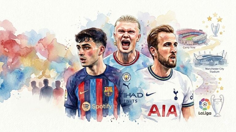 Illustration style aquarelle de Pedri sous le maillot du Barça, Erling Haaland avec Manchester City et Harry Kane, évoquant les talents rejetés du football mondial.