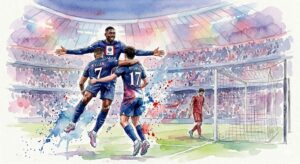 Illustration aquarelle des joueurs du PSG célébrant la qualification en finale de la Ligue des Champions contre le Bayern Munich