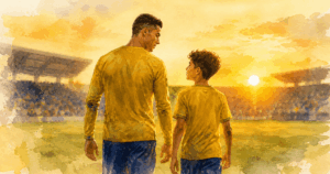 Cristiano Ronaldo et son fils jouant ensemble au football illustration
