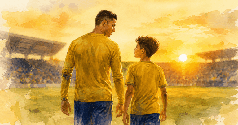 Cristiano Ronaldo et son fils jouant ensemble au football illustration