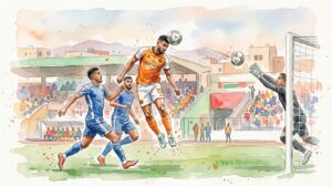Illustration style aquarelle d'un joueur de la RS Berkane marquant un but de la tête contre le CODM Meknès en Botola Pro.