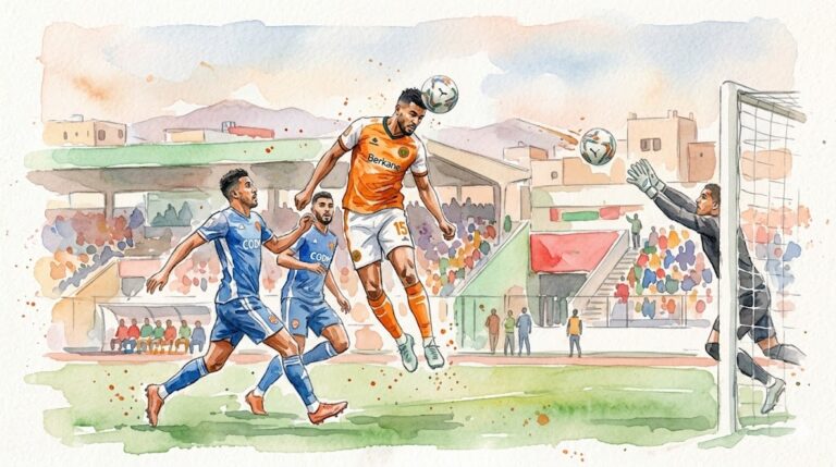 Illustration style aquarelle d'un joueur de la RS Berkane marquant un but de la tête contre le CODM Meknès en Botola Pro.