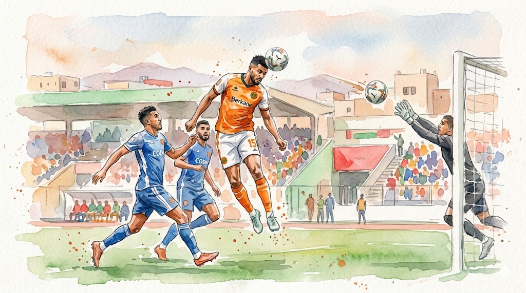 Illustration style aquarelle d'un joueur de la RS Berkane marquant un but de la tête contre le CODM Meknès en Botola Pro.