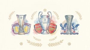 Une illustration à l'aquarelle de style vintage sur papier texturé, montrant les trois trophées majeurs des compétitions européennes de football (Ligue des Champions, Ligue Europa, Ligue Europa Conférence). Chaque trophée est entouré des blasons et logos de trois clubs anglais : Aston Villa (avec son lion), Arsenal (avec son canon) et Crystal Palace (avec son aigle), pour célébrer leur qualification simultanée en finales. Le titre "UNE PREMIÈRE HISTORIQUE EN FINALES EUROPÉENNES" est affiché sur un bandeau en haut.