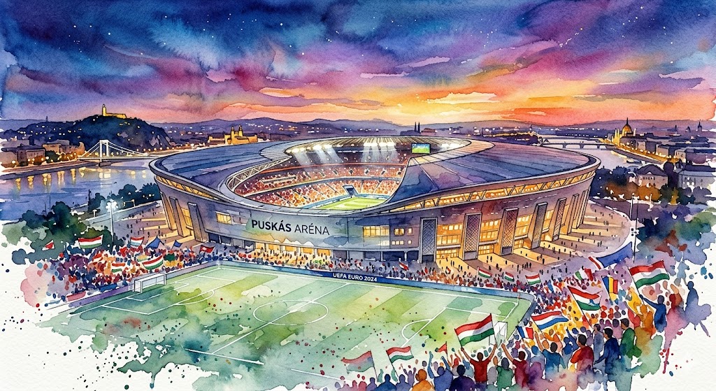Illustration aquarelle du stade Puskas Arena à Budapest pour la finale de la Ligue des Champions 2026.