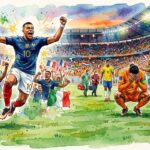 Illustration à l'aquarelle montrant les deux facettes de la phase de groupes d'une Coupe du Monde : à gauche, la joie intense de joueurs célébrant un but devant des supporters, et à droite, la détresse d'un joueur blessé ou déçu assis sur la pelouse d'un grand stade.