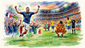 Illustration à l'aquarelle montrant les deux facettes de la phase de groupes d'une Coupe du Monde : à gauche, la joie intense de joueurs célébrant un but devant des supporters, et à droite, la détresse d'un joueur blessé ou déçu assis sur la pelouse d'un grand stade.