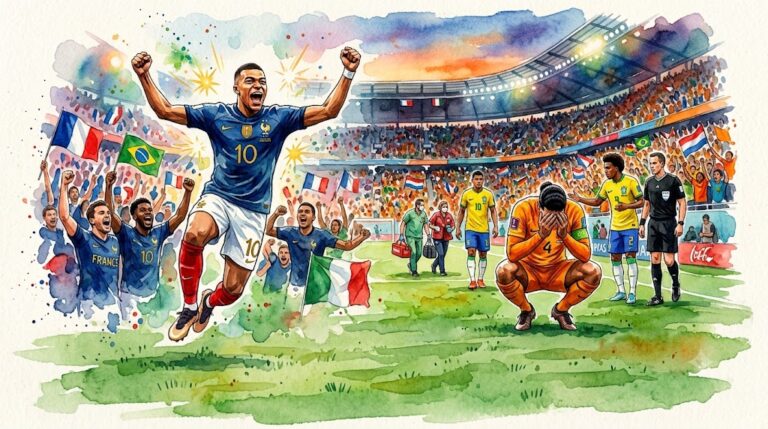 Illustration à l'aquarelle montrant les deux facettes de la phase de groupes d'une Coupe du Monde : à gauche, la joie intense de joueurs célébrant un but devant des supporters, et à droite, la détresse d'un joueur blessé ou déçu assis sur la pelouse d'un grand stade.