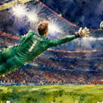 Illustration aquarelle d'un gardien plongeant pour tenter d'arrêter un penalty dans un stade de football bondé en nocturne.
