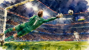 Illustration aquarelle d'un gardien plongeant pour tenter d'arrêter un penalty dans un stade de football bondé en nocturne.