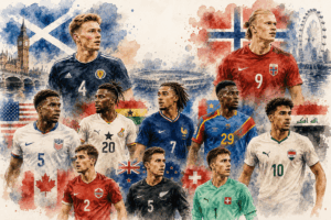 Illustration en style aquarelle représentant plusieurs footballeurs nés en Angleterre portant les couleurs de différentes sélections qualifiées pour la Coupe du monde 2026.