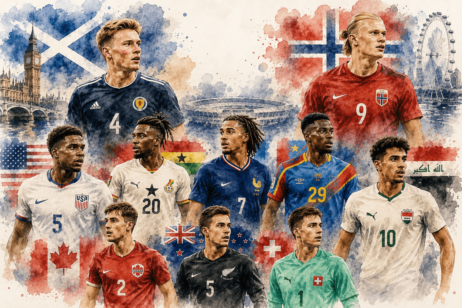 Illustration en style aquarelle représentant plusieurs footballeurs nés en Angleterre portant les couleurs de différentes sélections qualifiées pour la Coupe du monde 2026.