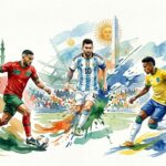 Peinture aquarelle des joueurs du Maroc, de l'Argentine avec Lionel Messi, et du Brésil pour le Mondial 2026
