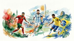 Peinture aquarelle des joueurs du Maroc, de l'Argentine avec Lionel Messi, et du Brésil pour le Mondial 2026