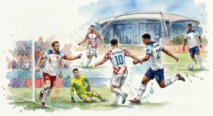 Illustration à l'aquarelle du match Angleterre contre Croatie au Mondial 2026 au stade de Dallas, montrant les joueurs en action et un but.