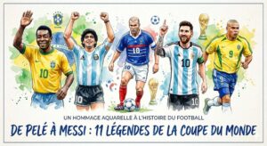 Une illustration aquarelle vibrante montrant Pelé, Maradona, Zidane, Messi et Ronaldo alignés, avec des trophées de la Coupe du Monde et du texte en français.
