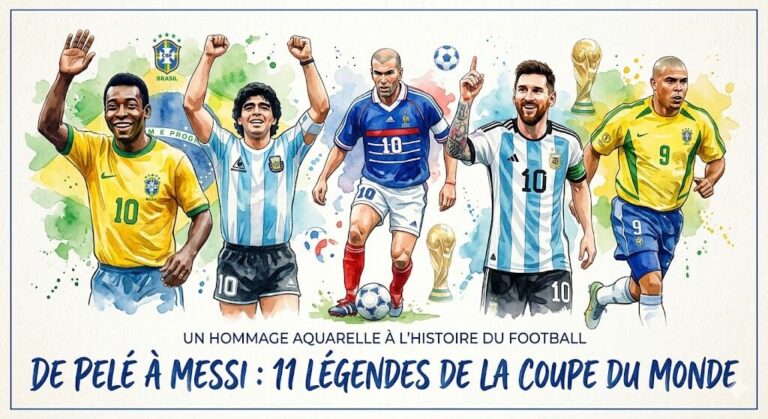 Une illustration aquarelle vibrante montrant Pelé, Maradona, Zidane, Messi et Ronaldo alignés, avec des trophées de la Coupe du Monde et du texte en français.