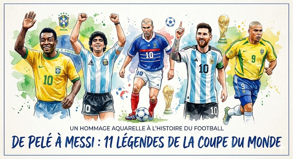 Une illustration aquarelle vibrante montrant Pelé, Maradona, Zidane, Messi et Ronaldo alignés, avec des trophées de la Coupe du Monde et du texte en français.