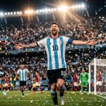 Photographie de style cinématique de Lionel Messi portant le maillot numéro 10 de l'Argentine, célébrant un but les bras grands ouverts dans un stade de nuit sous une pluie de confettis.