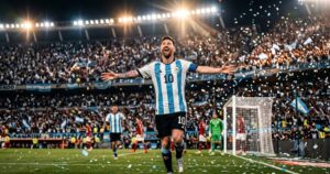 Photographie de style cinématique de Lionel Messi portant le maillot numéro 10 de l'Argentine, célébrant un but les bras grands ouverts dans un stade de nuit sous une pluie de confettis.