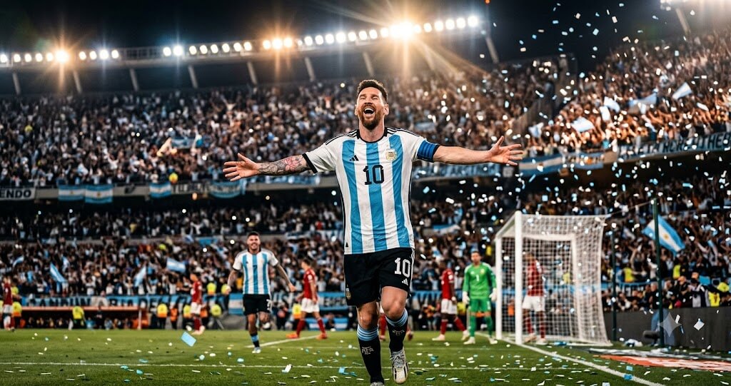 Photographie de style cinématique de Lionel Messi portant le maillot numéro 10 de l'Argentine, célébrant un but les bras grands ouverts dans un stade de nuit sous une pluie de confettis.