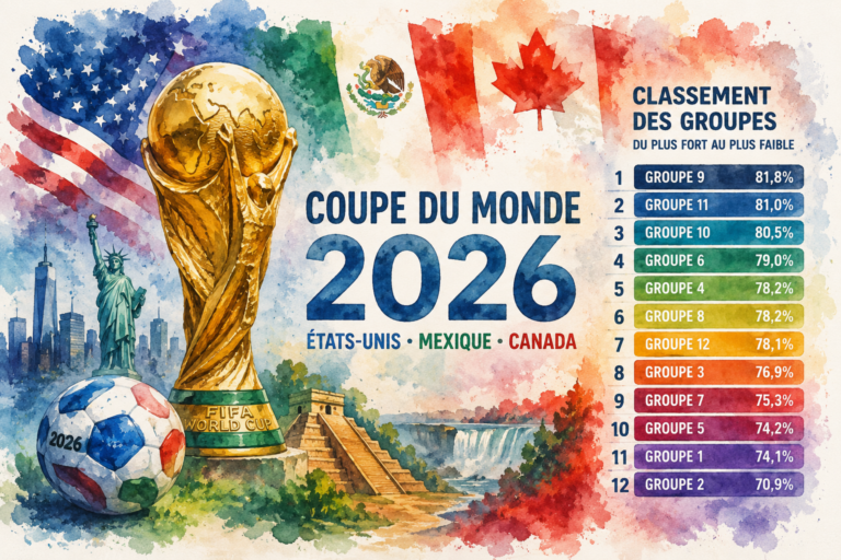 Illustration aquarelle du trophée de la Coupe du monde 2026 avec un classement symbolique des groupes selon les statistiques d'Opta.