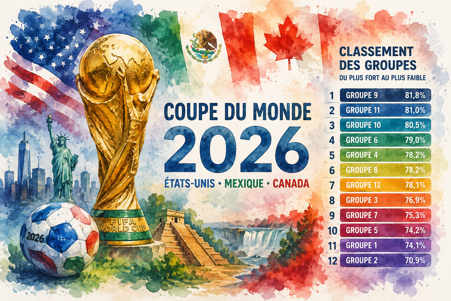 Illustration aquarelle du trophée de la Coupe du monde 2026 avec un classement symbolique des groupes selon les statistiques d'Opta.