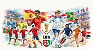 Illustration en aquarelle représentant les joueurs de football du FC Barcelone, dont Lamine Yamal et Anthony Gordon, sous les couleurs de leurs sélections nationales pour la Coupe du Monde 2026 avec le logo officiel du tournoi.
