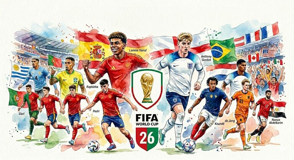 Illustration en aquarelle représentant les joueurs de football du FC Barcelone, dont Lamine Yamal et Anthony Gordon, sous les couleurs de leurs sélections nationales pour la Coupe du Monde 2026 avec le logo officiel du tournoi.